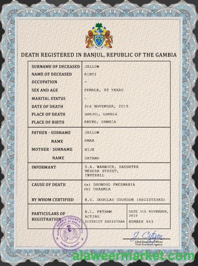 Gambia death certificate PSD template